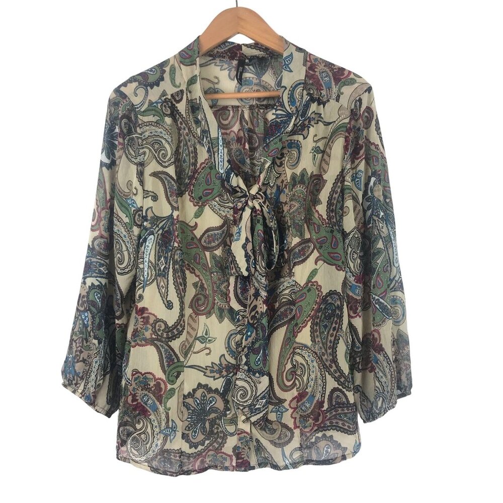 NWT New Direction Womens PXL Blouse Paisley Sheer Long Sleeve Tie Neck Button